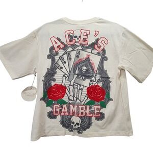 Recycled Threads Cream Aces Gamble Skull Velvet Red Rose Graphic T Shirt Women M